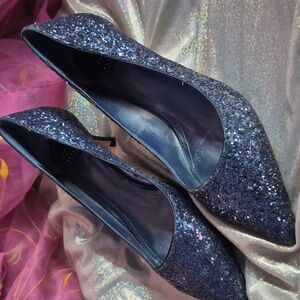 White House black market phoebe officer Blue Glitter heels